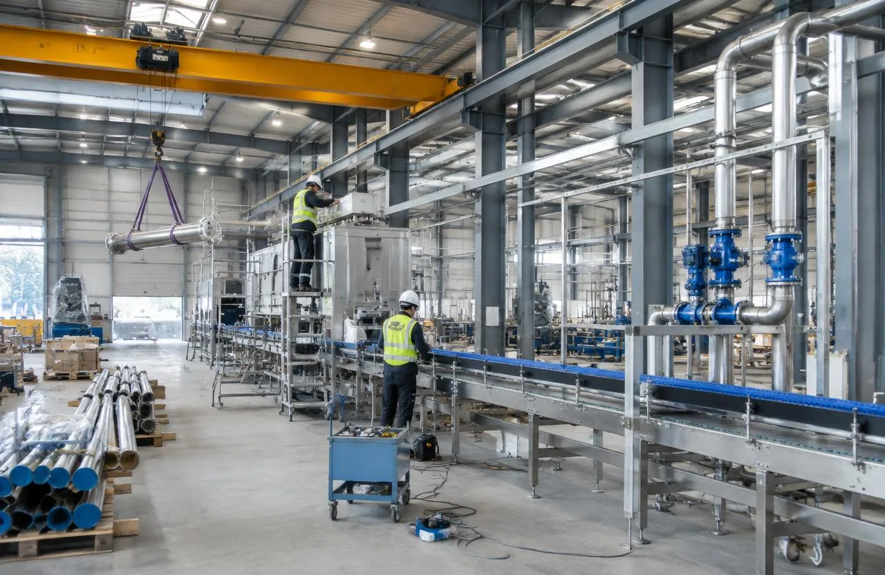 Técnicos montando linha de produção com esteira e tubulações em galpão industrial