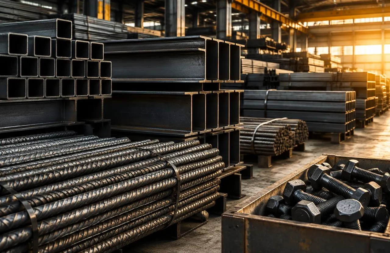 Perfis metálicos, vergalhões e parafusos em armazém industrial